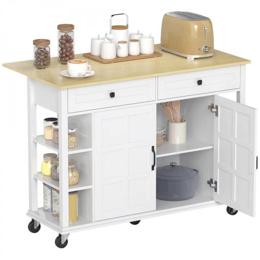 Isla de Cocina con Ruedas Encimera Plegable 2 Puertas con Cierre Suave 2 Cajones 6 Estantes Abiertos Blanco [9]