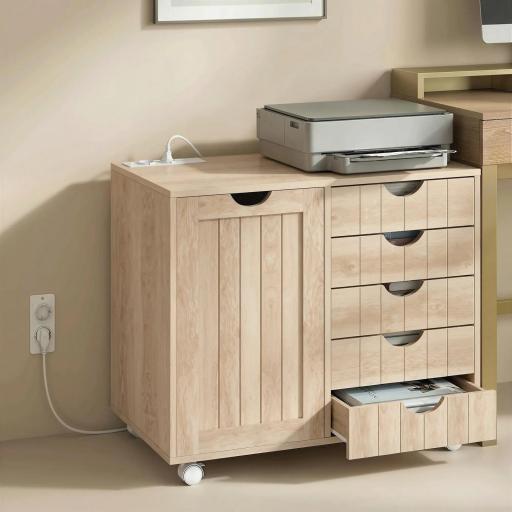 Mueble para Impresora con Estación de Carga y Ruedas 5 Cajones Puertos USB Estante Ajustable Natural