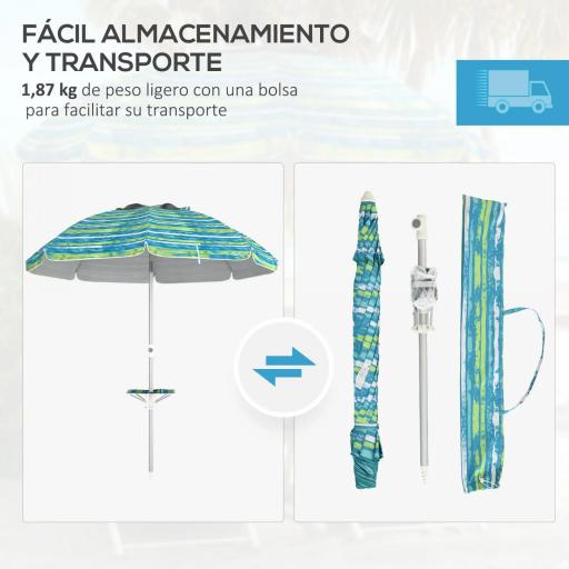 Sombrilla de Playa Ø190x215 cm con Reclinación 45° Altura Ajustable y Mesa con Portavasos Anti-UV Impermeable Multicolor [4]