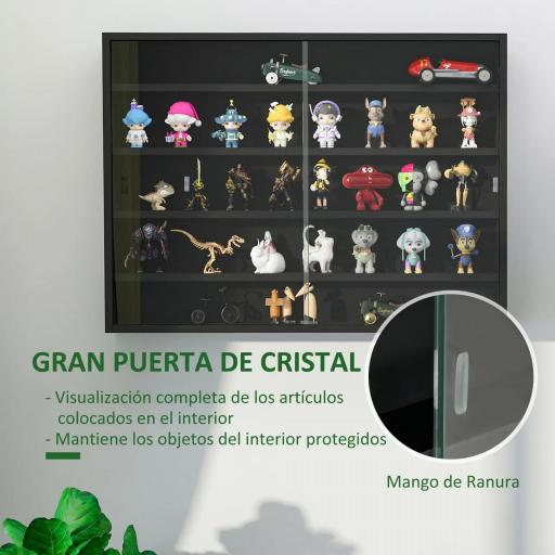 Vitrina de Pared Vitrina de Madera con Estantes Ajustables y 2 Puertas Correderas de Cristal 80x9,5x60 cm Negro [3]