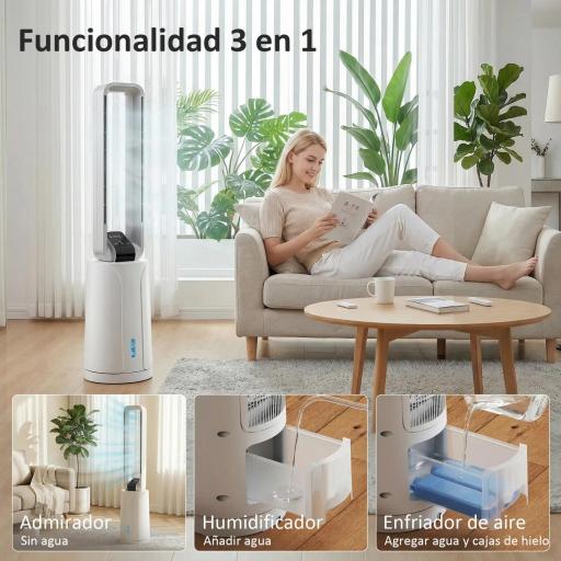 Enfriador de Aire 3 en 1 con Depósito de 1,7L Modos Ajustables Temporizador Control Remoto 24,7x24,7x109,5 cm Blanco [2]