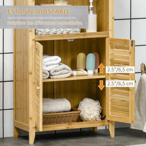 Armario Auxiliar de Baño de Bambú con 2 Puertas Compartimiento Abierto y Estante Ajustable 50x25,5x92 cm Natural [5]