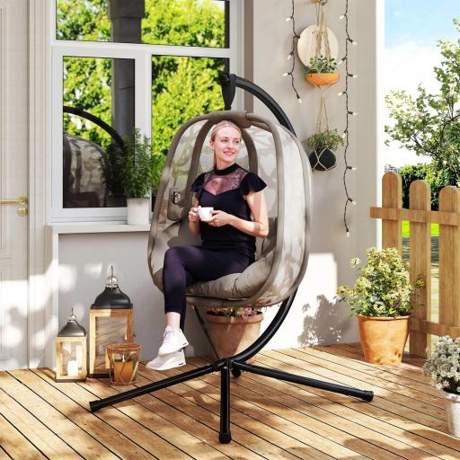 Silla Colgante con Soporte de Acero Sillón Colgante Hamaca con Cesta Plegable y Cojines para Interiores y Exterior Carga 120 kg 126x96x172 cm Marrón