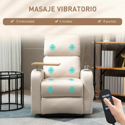 Sillón de Masaje con 4 Modos Vibración Reclinación 145° Mando a Distancia 77x93x105 cm Beige [2]