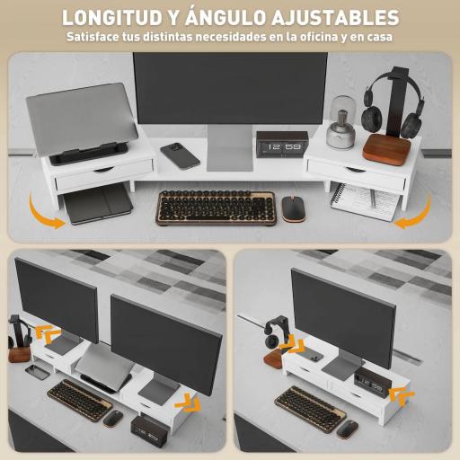Elevador Monitor Ángulo y Longitud Ajustable con 2 Cajones para Portátil Computadora PC 60-116x22x12 cm Blanco [5]