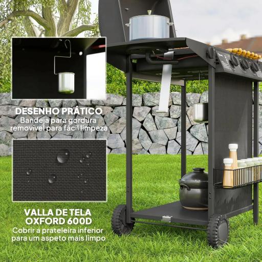 Barbacoa de Gas con 3 Quemadores Quemador Lateral Tapa con Termómetro Parrilla y Mesa Lateral Ruedas 108x54x97 cm Negro [2]