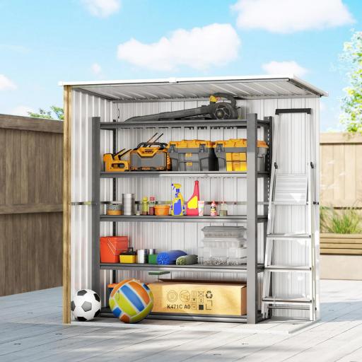 Cobertizo de Jardín Exterior Metálico 1,37 m² 163x89x163 cm con Techo Inclinado, Puertas con Pestillo y Guantes Marrón [4]