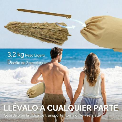 Sombrilla de Playa con Flecos de Paja Ø178 cm con Inclinación Altura Ajustable UV50+ Bolsa de Transporte Marrón Claro [6]