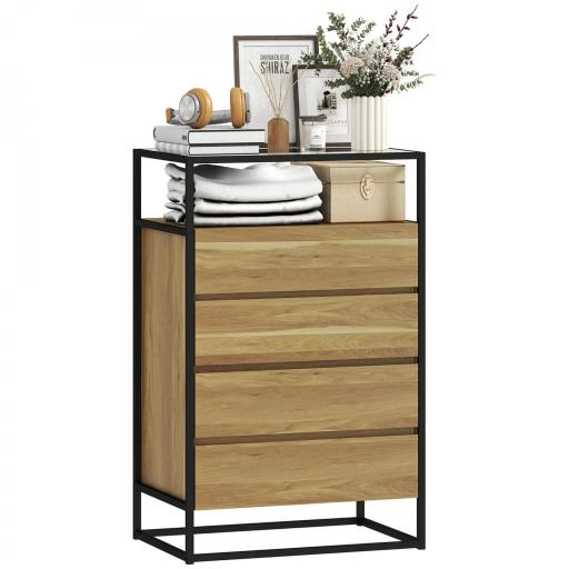 Cómoda Dormitorio con 4 Cajones Superficie de Vidrio Templado Estante Abierto Estructura de Acero 60x40x94,5 cm Teca [8]
