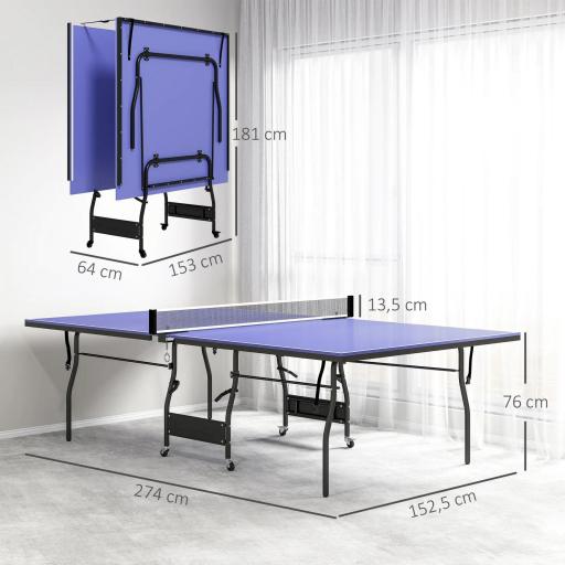Mesa de Ping-Pong Tamaño Estándar con 4 Ruedas Red 2 Paletas y 3 Pelotas para Interior 274x152,5x76 cm Azul [1]
