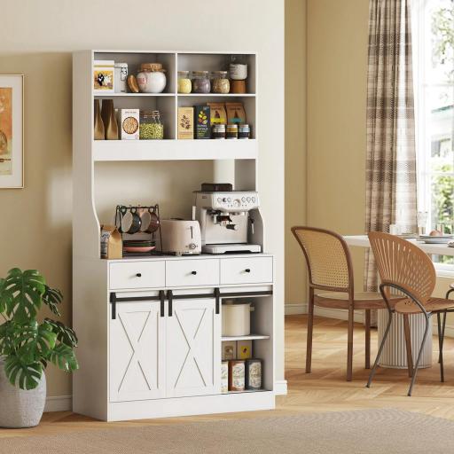 Alacena de Cocina con 2 Puertas Corredizas 3 Cajones Encimera para Microondas y Estantes Ajustables Blanco 93,5x40x180cm [6]
