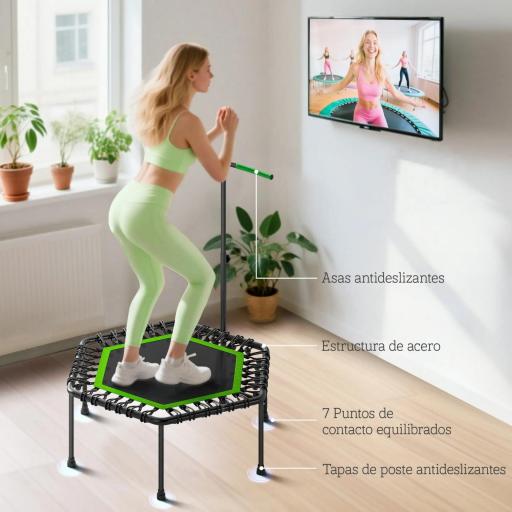 Trampolín de Fitness 114x114x132 cm con Mango Ajustable de 3 Niveles y Marco de Acero Verde y Negro [6]