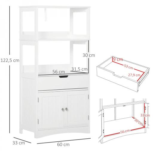Armario de Baño con 3 Estantes Cajón y 2 Puertas Mueble de Almacenamiento de Suelo Moderno para Cocina Dormitorio Salón 60x33x122,5 cm Blanco [1]