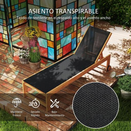 Tumbona de Jardín con Respaldo Ajustable Ruedas Integradas y Estructura de Madera de Acacia Capacidad de 160 kg Negro [4]