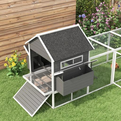 Gallinero de Exterior de Madera para 8-10 Gallinas con 2 Nidos Bandeja Extraíble y Rampa 347x160x150 cm Gris y Blanco [6]