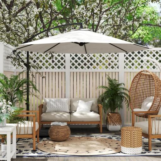 Sombrilla de Jardín 295 cm Parasol Excéntrico Inclinable con Manivela Base Cruzada y Soporte de Acero Crema