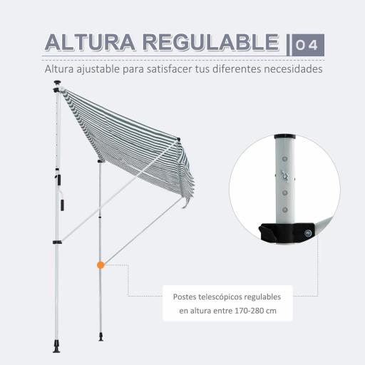 Toldo Manual Retráctil 300x150x170-280 cm con Altura Ajustable Manivela y Protección Solar para Terraza Verde [7]