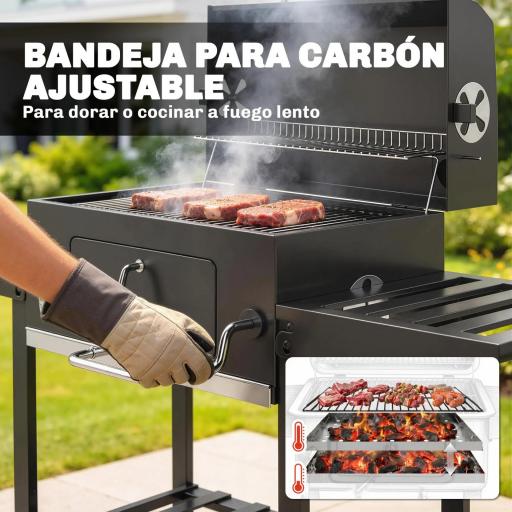 Barbacoa de Carbón con Bandeja Ajustable Estantes Plegables Ruedas Termómetro Tapa Chimenea Ventilaciones y Cesta [5]