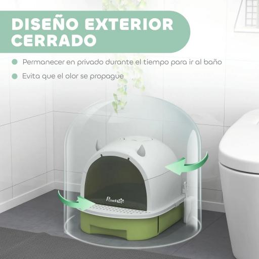Arenero Cerrado para Gatos con Bandeja Extraíble Filtro de Carbono Pala y Asa Superior 40,5x52x39 cm Blanco y Verde [2]