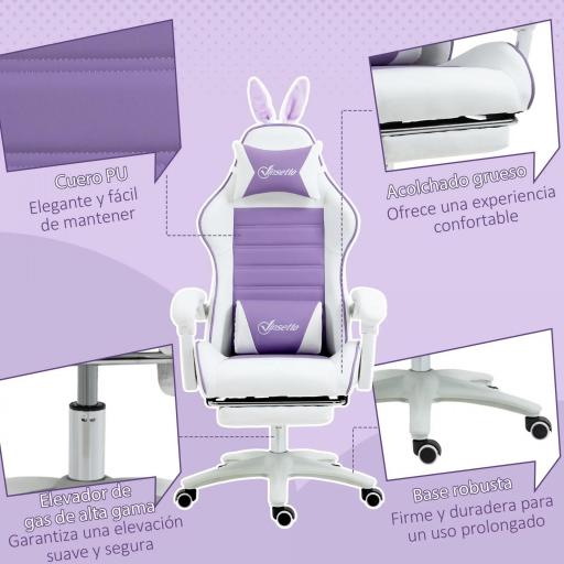 Silla Gaming de Cuero Sintético Reclinable 135° Reposacabezas Soporte Lumbar y Reposapiés 65x63x136-142 cm Púrpura [3]