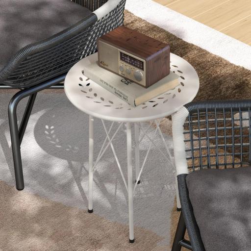 Mesa de Jardín Redonda de Acero con Diseño de Flores y Hojas Patas Ajustables y Estructura en Forma de X Ø40x50cm Blanco [5]