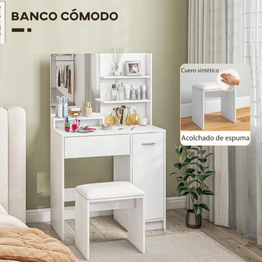 Tocador de Maquillaje con Taburete Espejo Cajón Estante Ajustable y Estantes Abiertos Anti-vuelco Blanco y Beige [3]