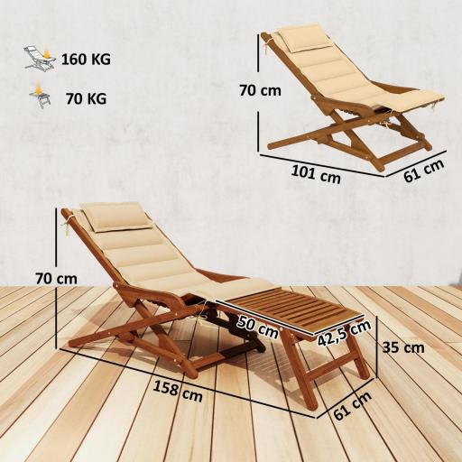Tumbona Silla Plegable de Madera con Reposapiés Desmontable y Cojín con Reposacabezas Carga 160 kg 158x61x70 cm Beige [1]