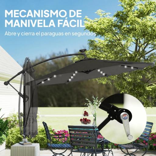 Parasol Excéntrico con Luces LED Solares Ø345 cm Sombrilla Jardín de Aluminio con Base Cruzada Manivela Funda Gris [6]