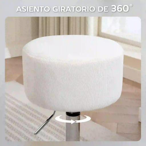 Taburete de Cocina Regulable en Altura 52-66 cm Tapizado en Pana Giratorio en 360° Blanco [4]