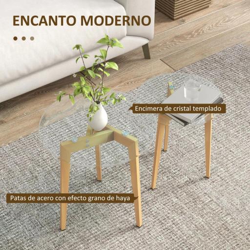Set de 2 Mesas Auxiliares Modernas de Ø50x45 cm y Ø40x40 cm con Encimera de Vidrio Templado y Estructura de Acero