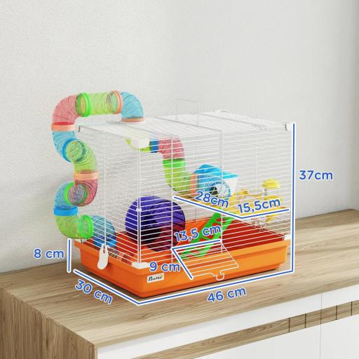 Jaula para Hámster con Túnel Cuenco Bebedero Casita Rampa Rueda de Ejercicio Bandeja Extraíble 46x30x37 cm Naranja [1]