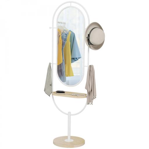 Espejo de Cuerpo Entero 175,5x50 cm con Bandeja de Madera 4 Ganchos y Marco de Metal para Salón Dormitorio Blanco [8]