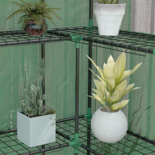 Invernadero con 1 Puerta 2 Ventanas y Estantes de 2 Niveles en Forma de U para Cultivo de Plantas 140x73x190 cm Verde [6]