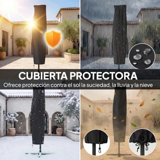 Parasol Excéntrico con Luces LED Solares Ø345 cm Sombrilla Jardín de Aluminio con Base Cruzada Manivela Funda Gris [3]