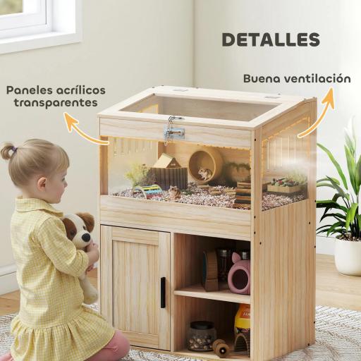 Jaula para Hámster con Espacio de Almacenaje Paneles Acrílicos Visibles Estante Ajustable 60x40x82,5 cm Natural [2]
