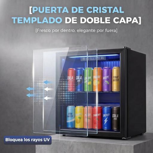 Frigorífico de Bebidas 50 L con Puerta de Vidrio Doble Iluminación LED Estante Ajustable para 48 Latas [6]