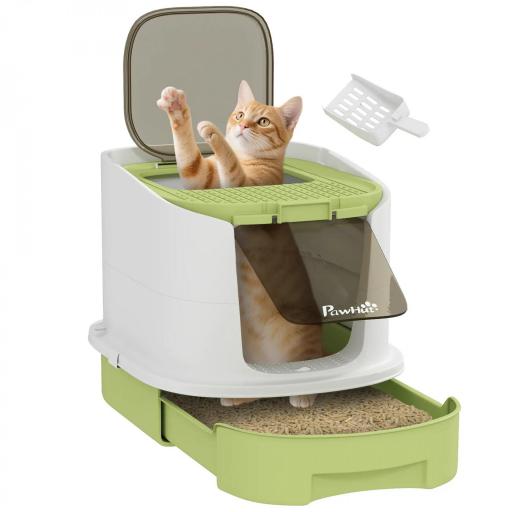 Arenero Cerrado para Gatos con Entrada Frontal Salida Superior Bandeja Extraíble y Pala 40,5x52,5x42,5 cm Blanco y Verde [8]