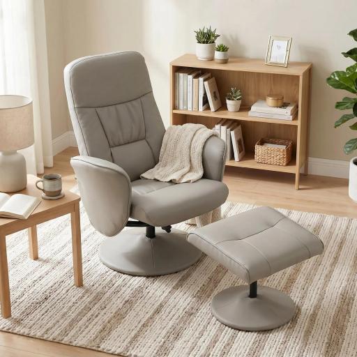 Sillón Relax Reclinable con Reposapiés Respaldo Alto Giratorio 360° Reposabrazos Beige Gris [4]