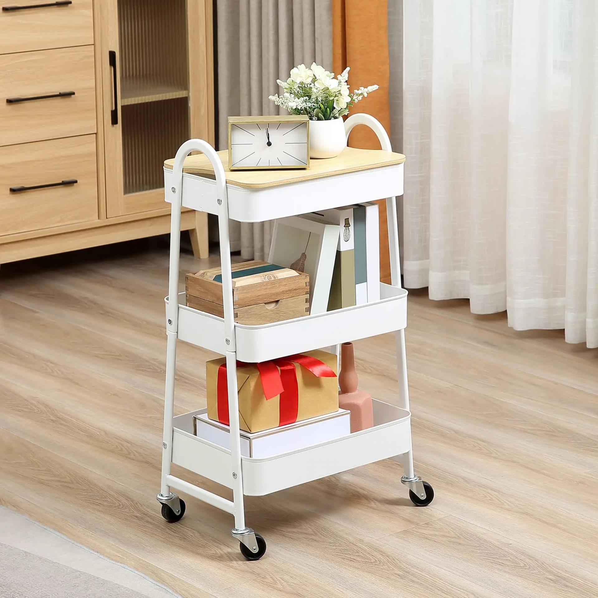Carrito de Cocina con 3 Cestas de Acero y 1 Placa de Cubierta para Comedor Sala Baño 45x31x79,4 cm Blanco