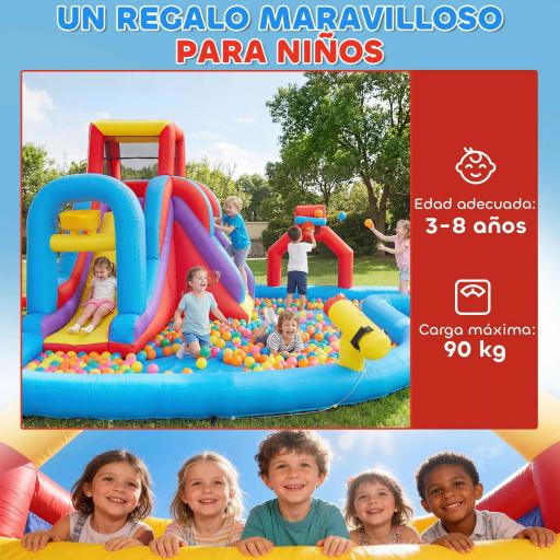 Castillo Hinchable Acuático con Soplador 550W Tobogán Pared de Escalada Piscina Aro de Baloncesto Portería de Fútbol [3]
