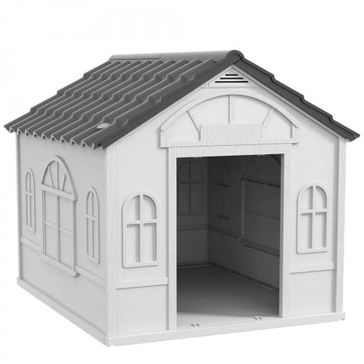  Casa para Perros 84,2x98,2x82 cm con Patrón de Ventana y Techo de Tejas de Imitación para Perros Grandes Gris y Blanco [9]