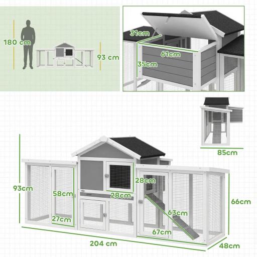 Gallinero para Exterior Grande de Madera 204x85x93 cm con Caja de Anidación Corral Bandeja Extraíble y Percha Gris [1]