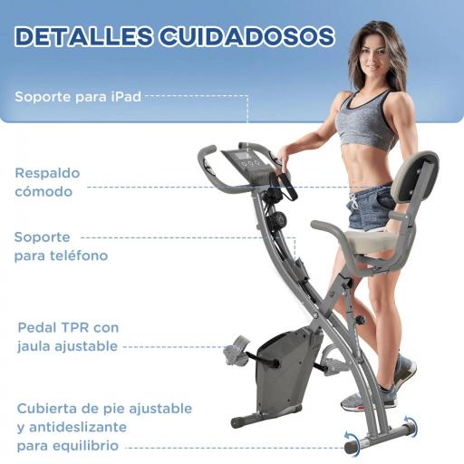 Bicicleta Estática Plegable 3 en 1 con Respaldo y 8 Niveles Resistencia Magnética, Bicicleta Estática para Casa Ajustable con Monitor LCD Volante Banda Sensor de Pulso Soporte de Teléfono Gris [5]