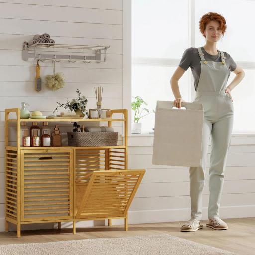 Mueble Ropa Sucia de Bambú 2 Bolsas de Ropa Extraíbles y Lavables con Asa 2 Estantes Abiertos 82x33x88 cm Natural [6]