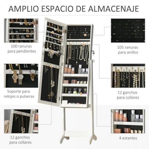 Espejo Joyero de Pie con Ángulo Ajustable y Ranuras para Pendientes Anillos y Collares 46x36,5x151,5 cm Blanco [4]