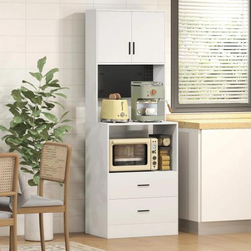 Mueble Auxiliar de Cocina con Soporte para Microondas 2 Cajones 2 Puertas y Panel Perforado de Metal Blanco [0]