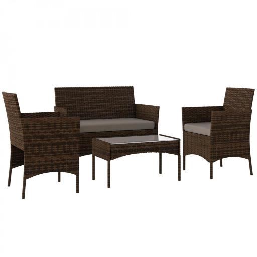 Conjunto Muebles Jardín de Ratán Sintético con Sofá Sillones y Mesa de Vidrio Templado y Cojines Marrón y Gris [9]