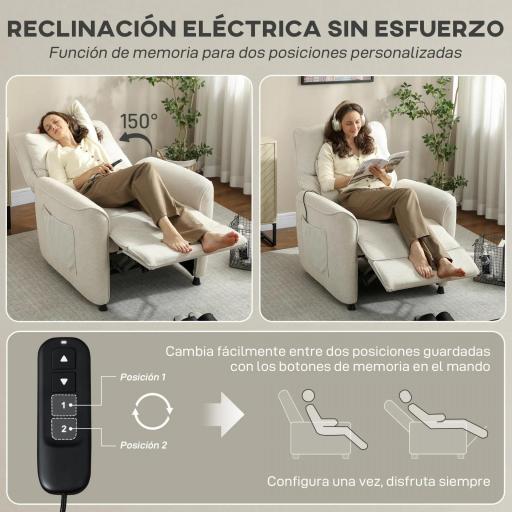 Sillón Relax Reclinable Eléctrico con Calor Lumbar Masaje Vibración Motor Silencioso Función de Memoria Crema [3]