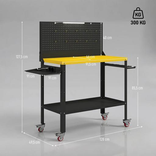 Banco de Trabajo con Panel Perforado Mesa de Trabajo con Enchufes Luz LED Ruedas Marco de Metal Negro y Amarillo [1]
