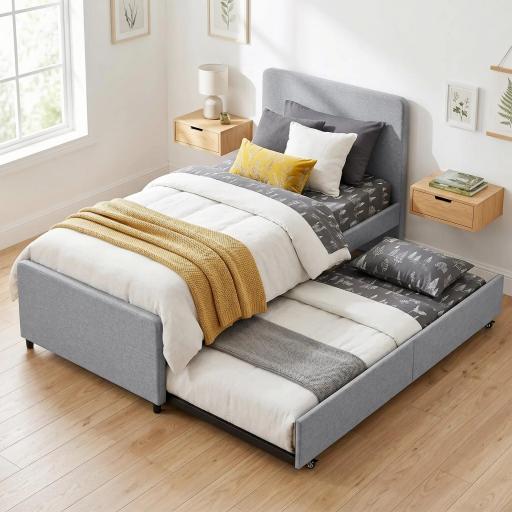 Cama Nido Individual 90x190 cm Estructura de Cama Tapizada en Lino con Cabecero y Piecero Listones de Madera Gris Claro [4]